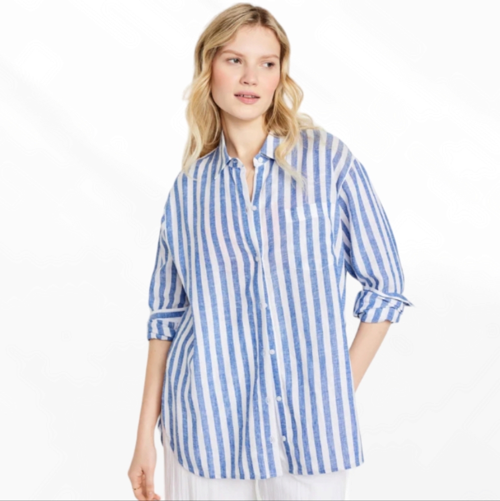 Old Navy Boyfriend Linen Striped Shirt